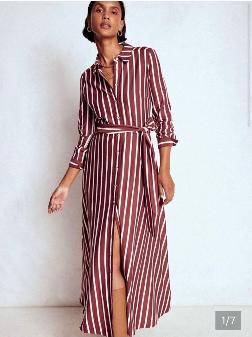 Boden Burgundy & White Striped Maxi Shirt Dress with Tie Waist